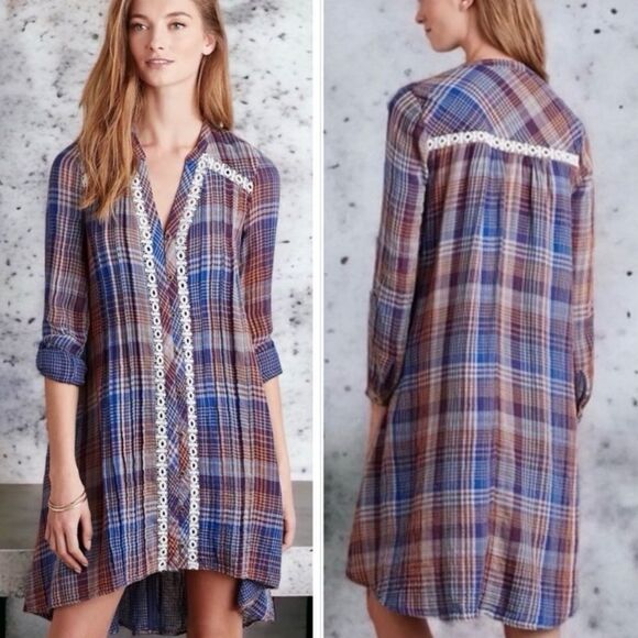 Holding horses Plaid Button-Down Cotton Dress with Lace Trim Size Medium - Picture 1 of 8